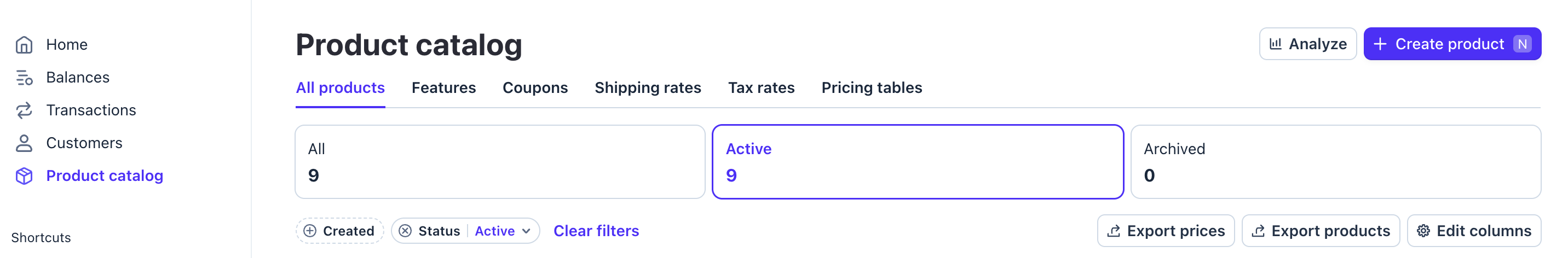 Stripe dashboard — click Create product