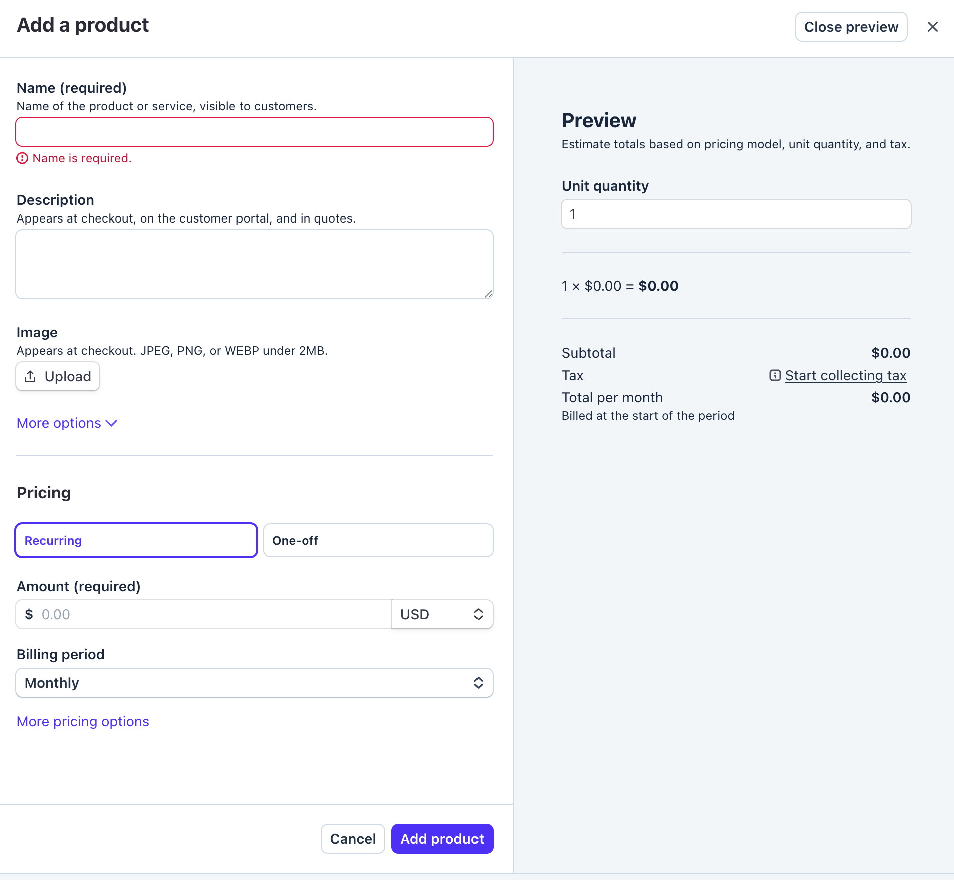 Add product form — name, description, pricing