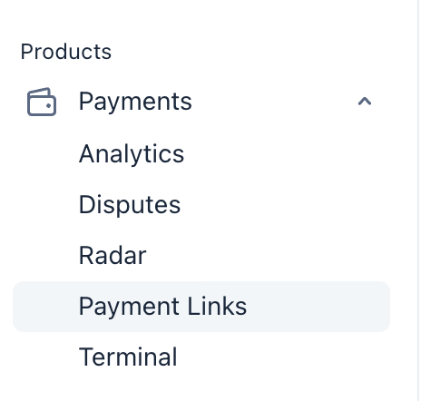 Stripe sidebar — Payment Links under Payments