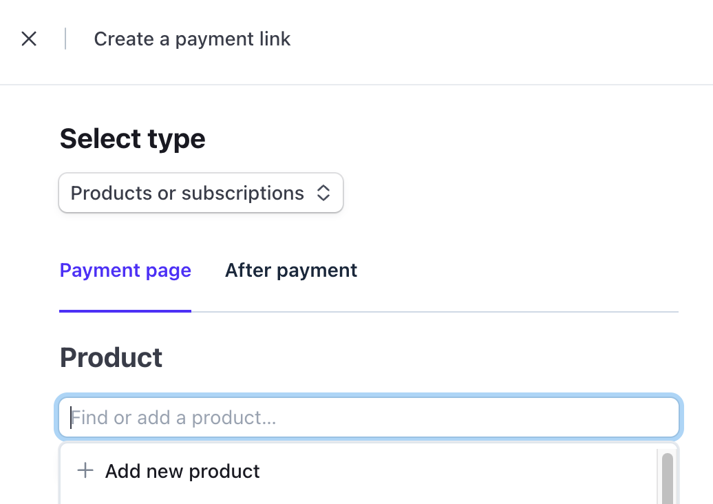 Create payment link — find your product